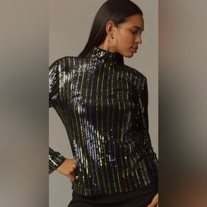 New Anthropologie Maeve Stripe Sequin Turtleneck Blouse size Large
